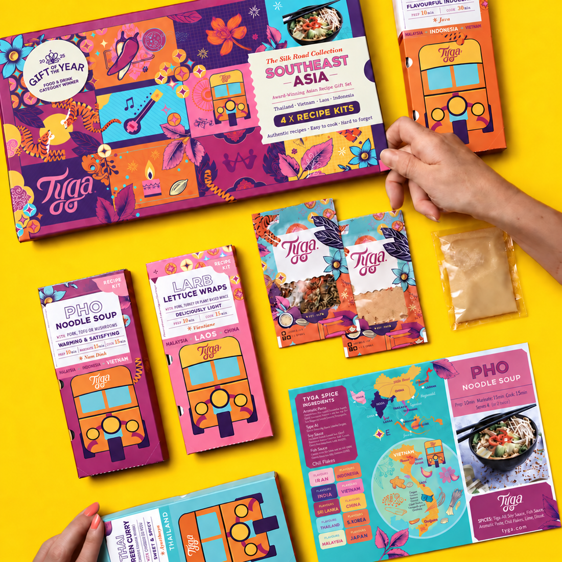 South East Asia gift set opened to show recipe kits, ingredient sachets and illustrated recipe cards