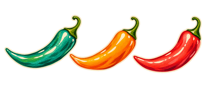 Hand-drawn green, orange and red chillies, from mild to wild