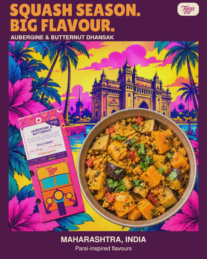 Final feed film: aubergine and butternut squash Dhansak, from fresh ingredients to the finished dish.